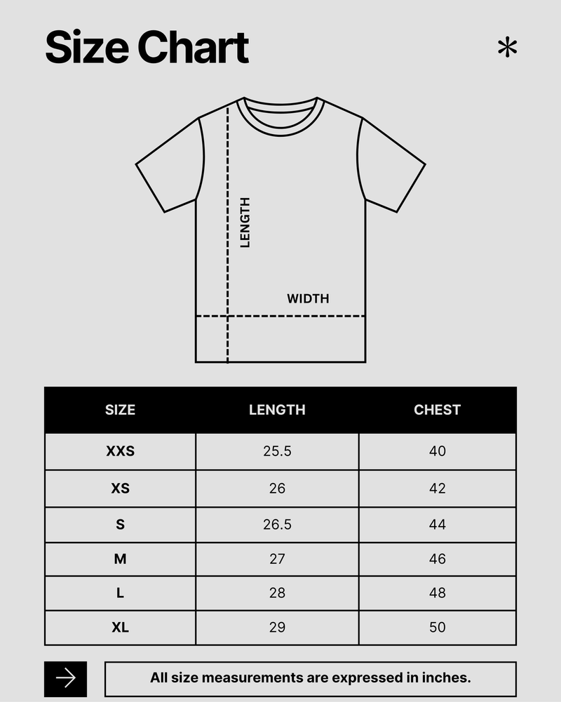 Midnight Blossom Tee size chart